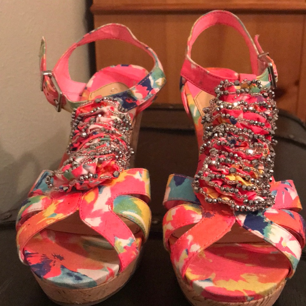 Gianni Bini neon floral sandal wedges